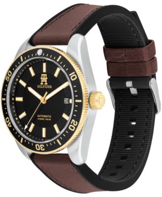 Men's Automatic Black Silicone and Brown Leather Watch 40mm
