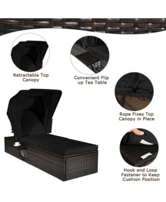 Set of 2 Rattan Patio Chaise Lounge Chair W/ Adjustable Canopy Black Cushion