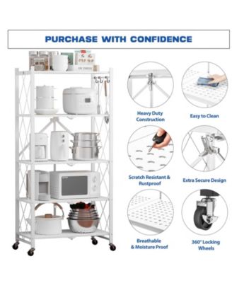 5-Tier Folding Storage Shelves Metal Folding Shelves with Wheels, 750Lbs Capacity, White