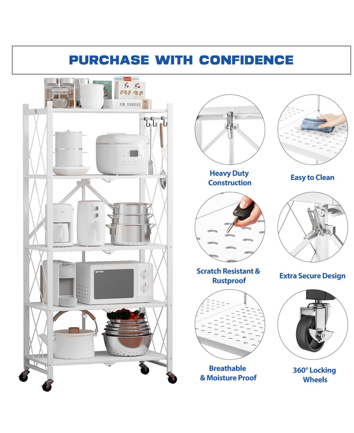 Sugift 5-Tier Folding Storage Shelves Metal Folding Shelves with Wheels, 750Lbs Capacity,- White