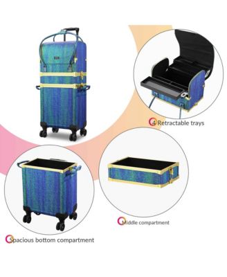 Malachite Green Makeup Train Case Lockable Rolling Cosmetic Trolley