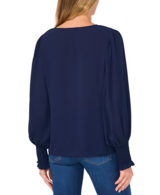 Women's Long-Sleeve Smocked-Cuff V-Neck Blouse