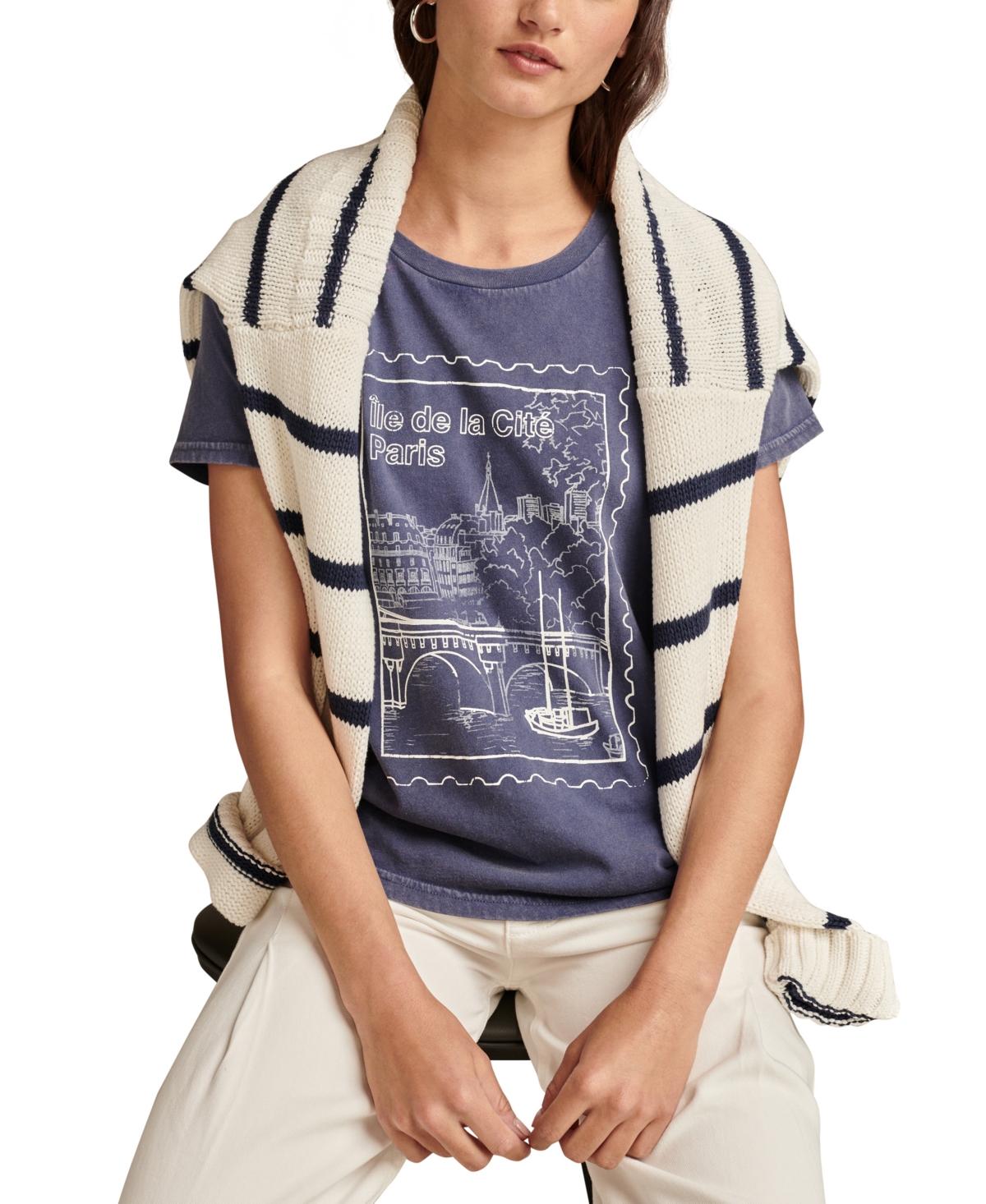 Lucky Brand Women's Paris Post Stamp Crewneck Cotton T-Shirt