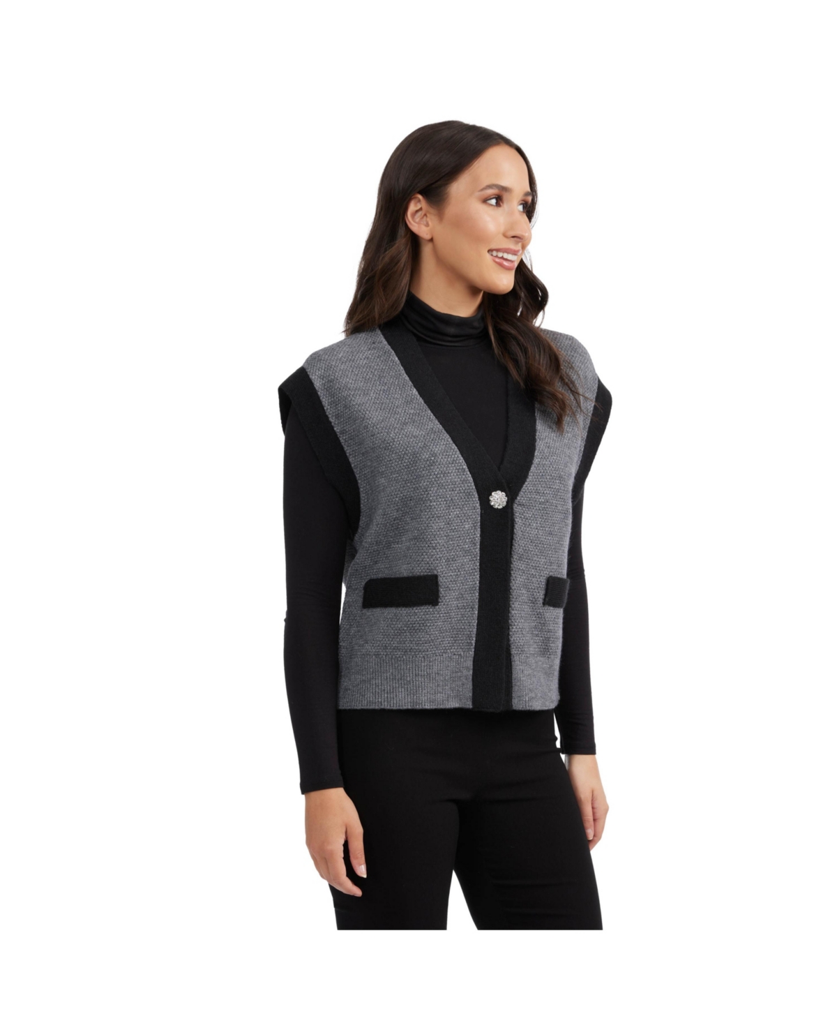 Women's Textured Sweater Vest With Contrast Trim - Medium grey mix