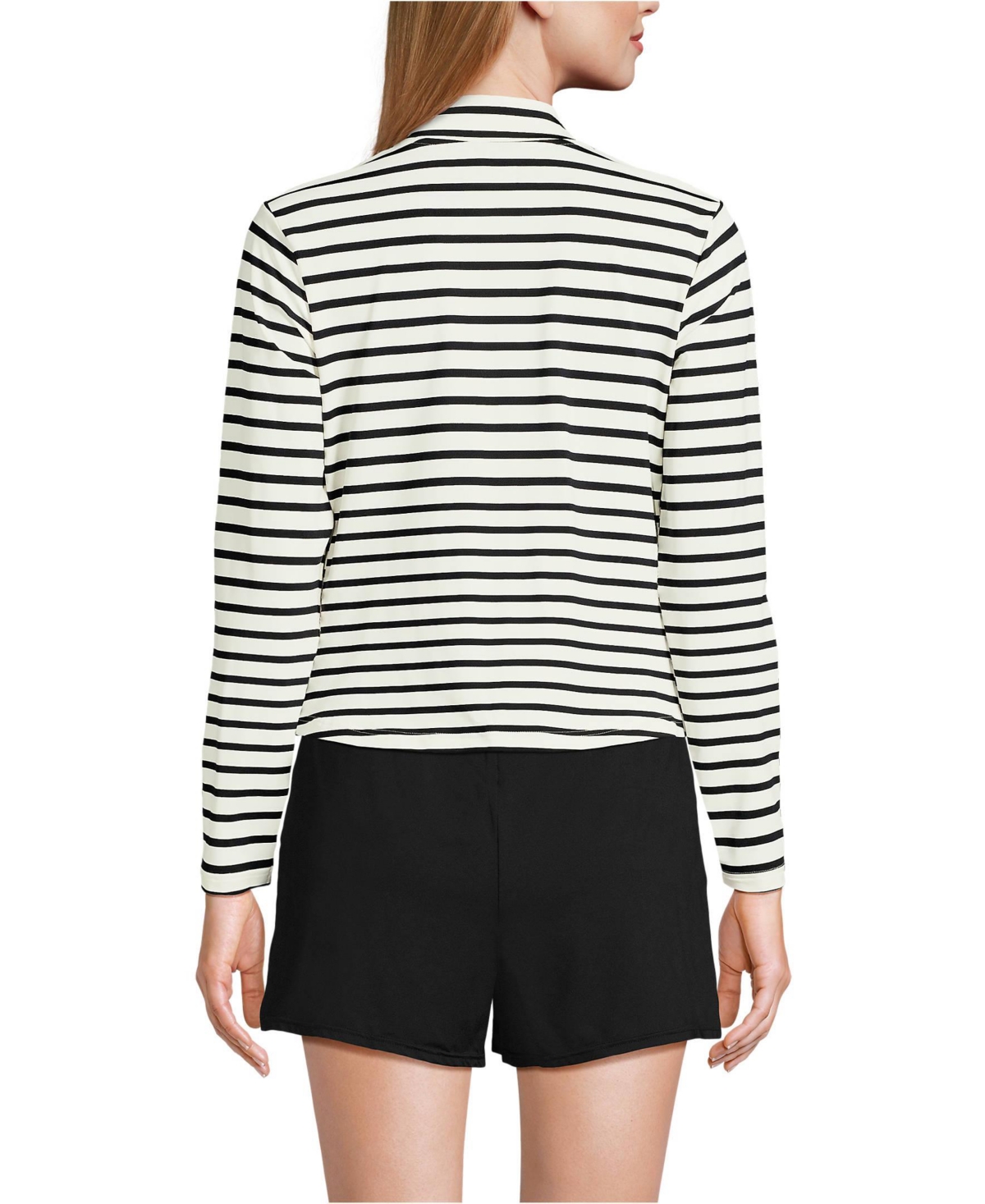 Lands' End Women's Cooling Zip Front Long Sleeve Mock Neck Upf 50 Sun Protection Rash Guard -black stripe
