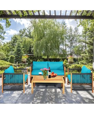 4 Pieces Acacia Wood Sofa Set with Cushions for Outdoor Patio-Blue