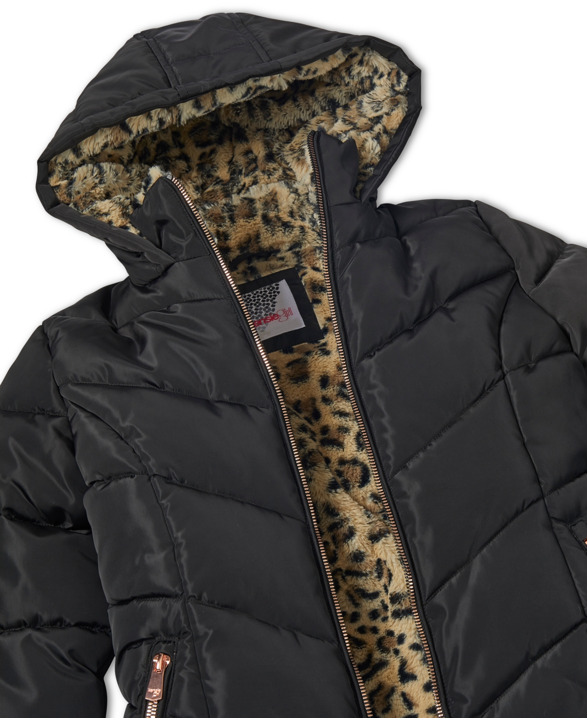 Kensie Girl Big Girls Quilted Full-Zip Hooded Puffer Jacket with Cheetah-Print Faux-Fur Lining