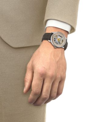 Men's Swiss Automatic Chemin Des Tourelles Skeleton Brown Leather Strap Watch 39mm