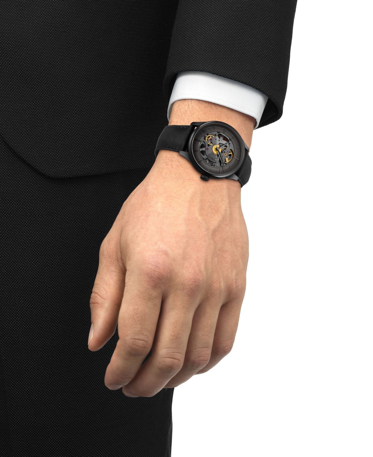 Мужские часы Tissot Swiss Automatic Chemin Des Tourelles Skeleton Black Leather Strap Watch 40mm — фото 4