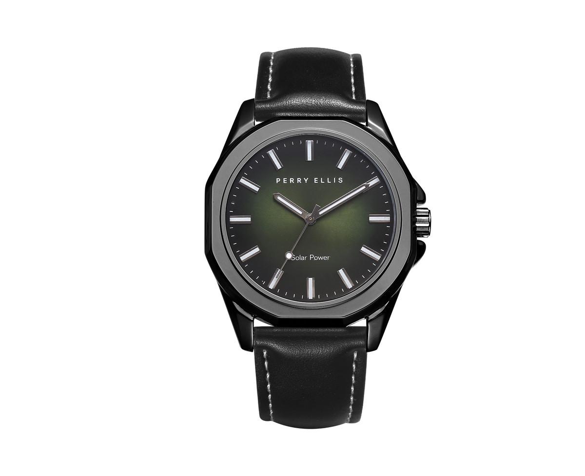 Men's Solar Powered Silver Tone Deep Green Dial Sunburst Strap Watch - Gunmetal