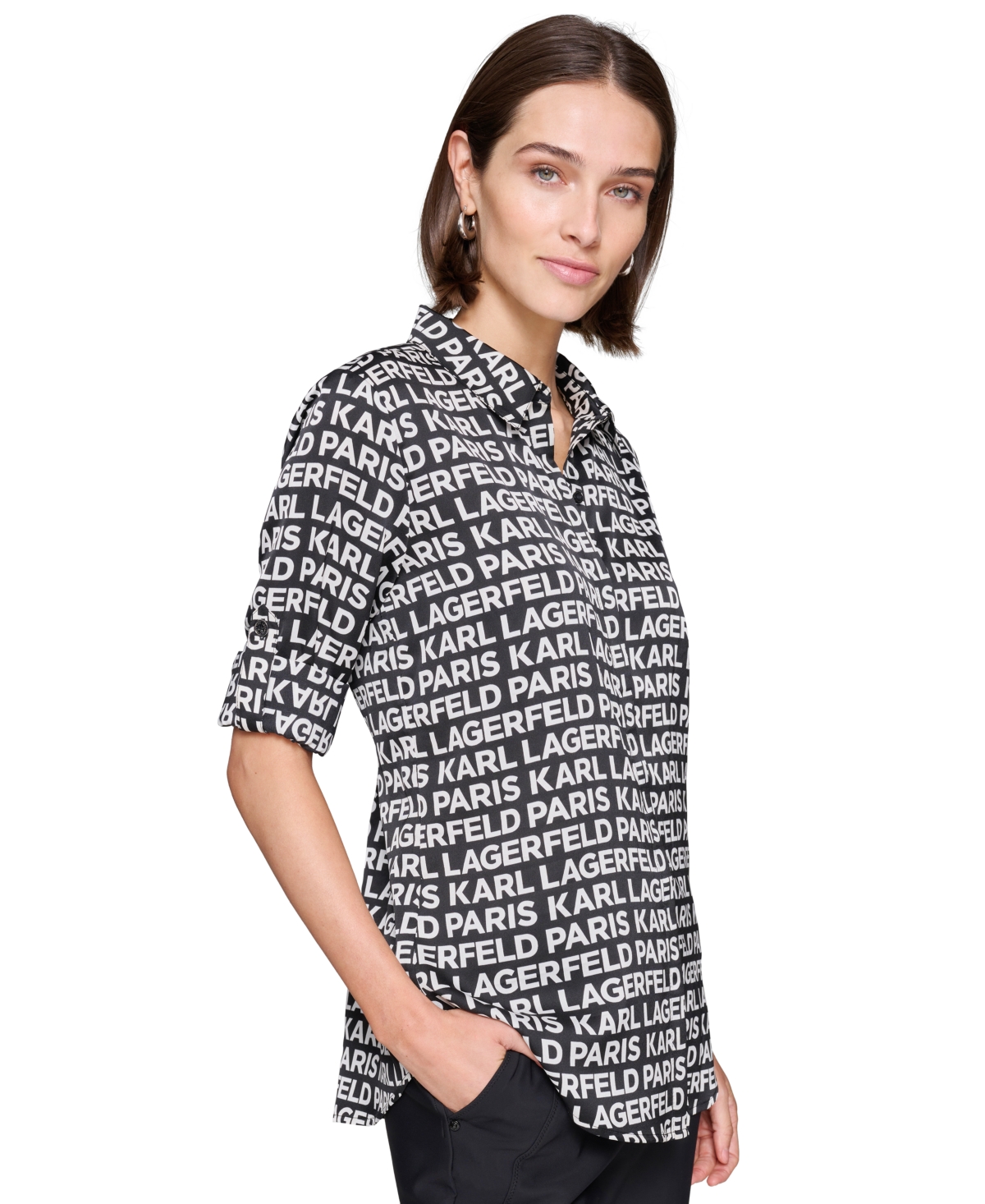 Karl Lagerfeld Paris Petite Logo Print Roll-Tab-Sleeves Button-Front Shirt, First@Macy's -Soft White