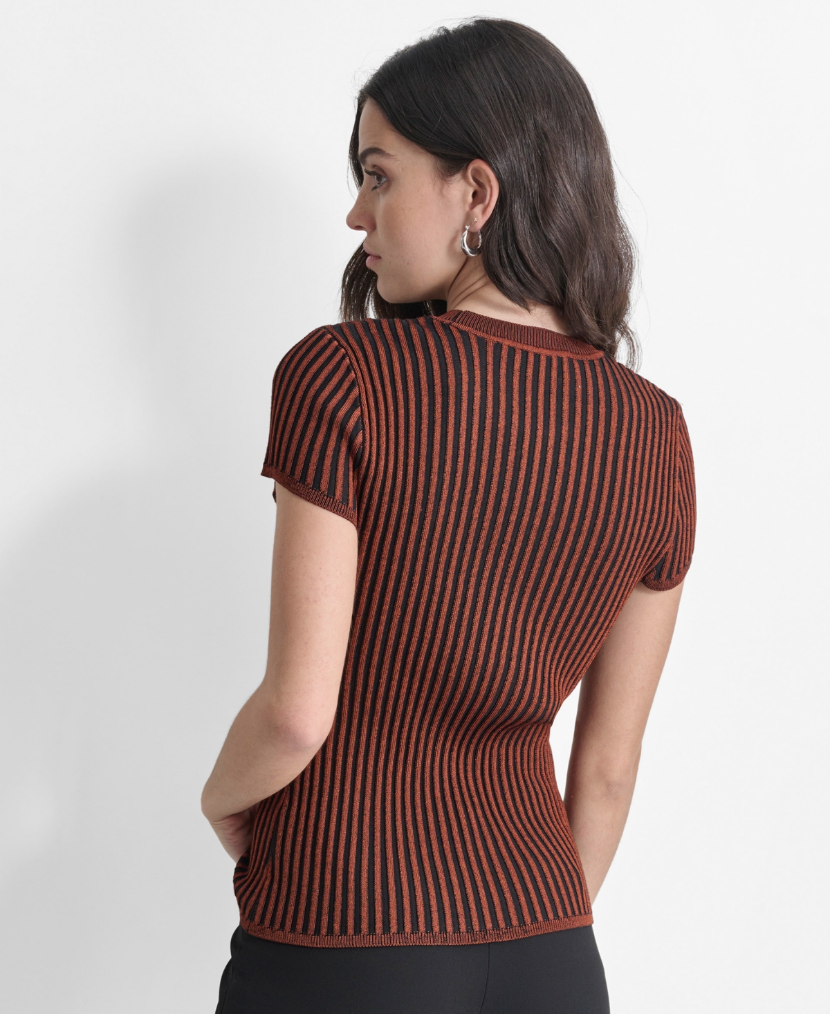 Dkny Women's Ribbed Two-Tone Short-Sleeve Sweater -bla