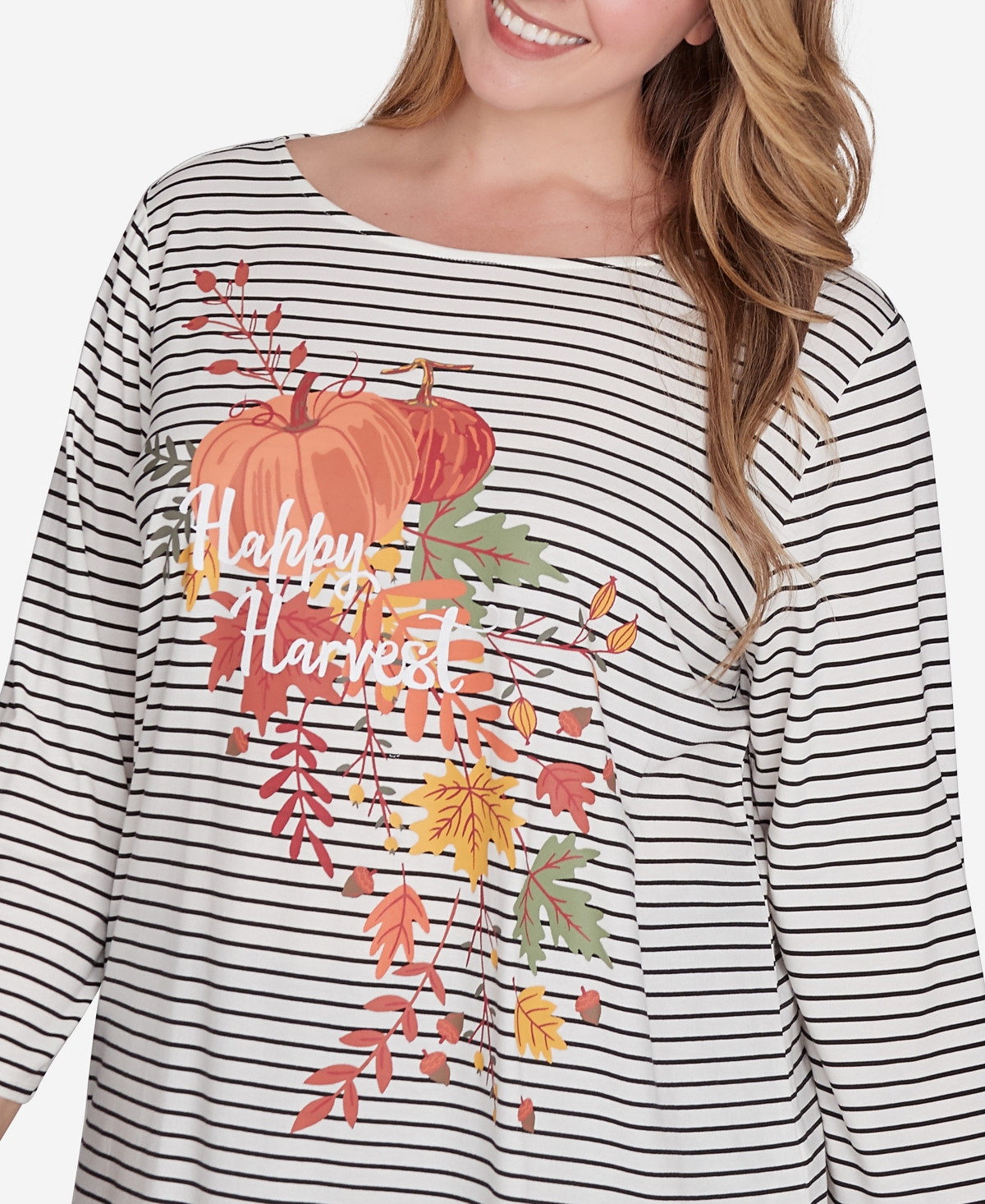 Ruby Rd. Plus Size Boat Neck Happy Harvest Striped Knit Top In Alabaster Multi