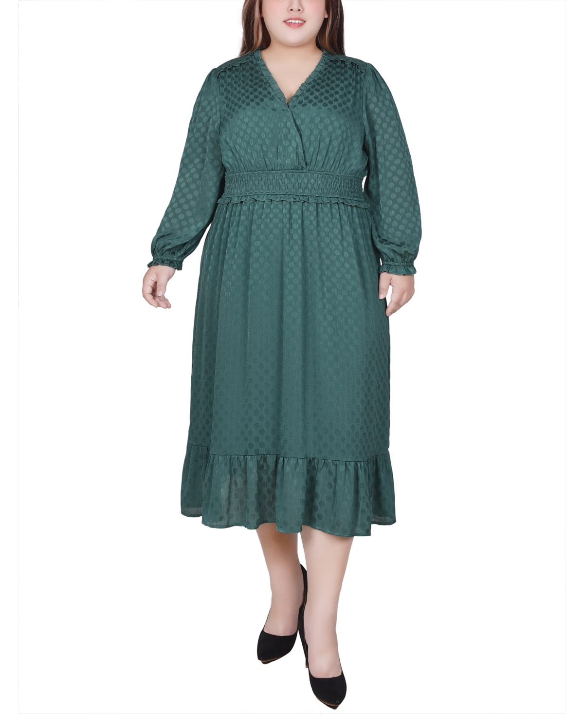 Ny Collection Plus Size Long Sleeve Surplice Neck Dress In Sage Leaf