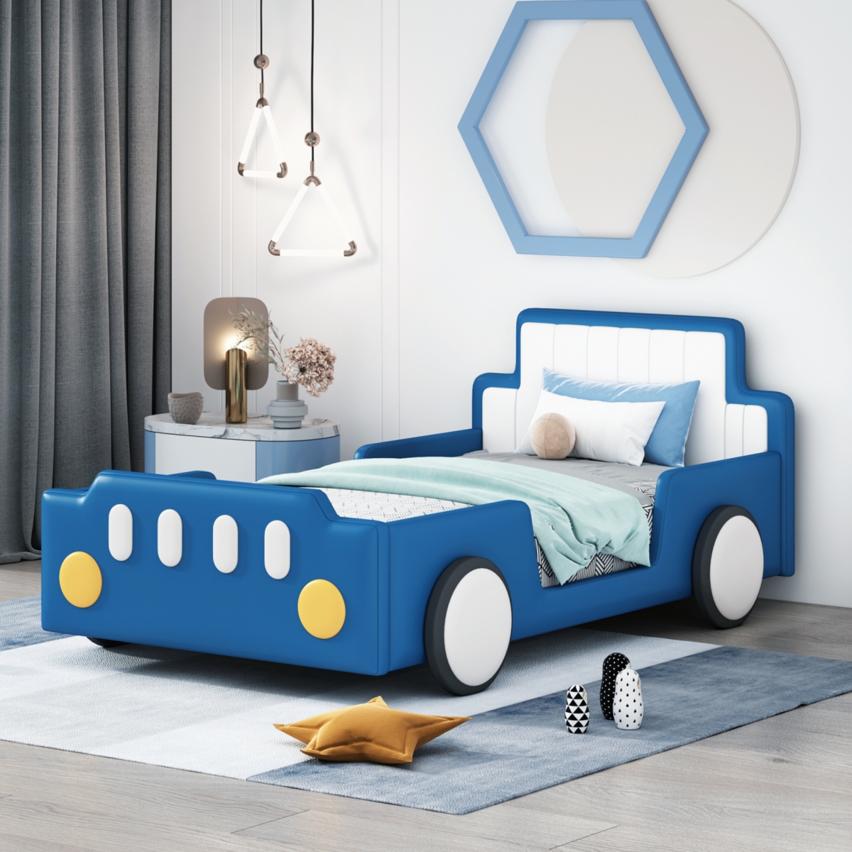 Simplie Fun Twin Race Car-Shaped Platform Bed With Wheels, Red