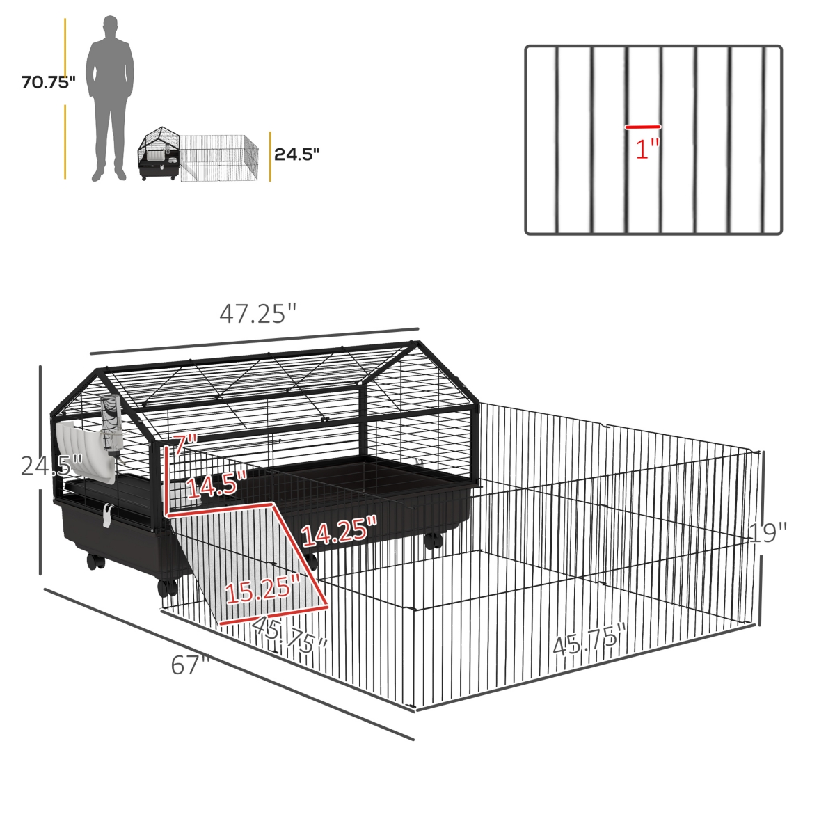 PawHut Small Animal Playpen Cage with Rolling Caster, Water Bottle - Black and beige