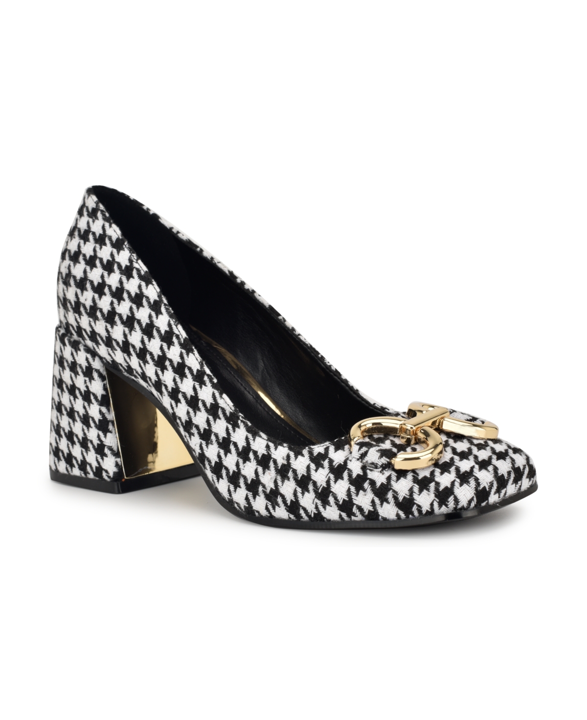 Nine West Women's Caven Square Toe Block Heel Dress Pumps -White Houndstooth