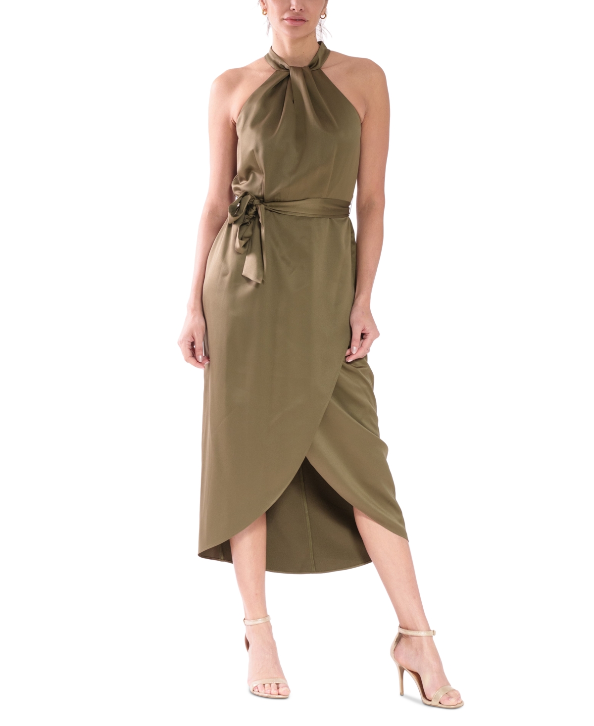 Women's Twist-Neck Sleeveless Tie-Waist Dress - Olive