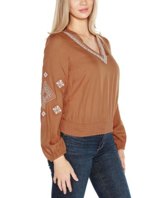 Black Label Women’s Embroidered Blouson Sleeve V-Neck Blouse Top