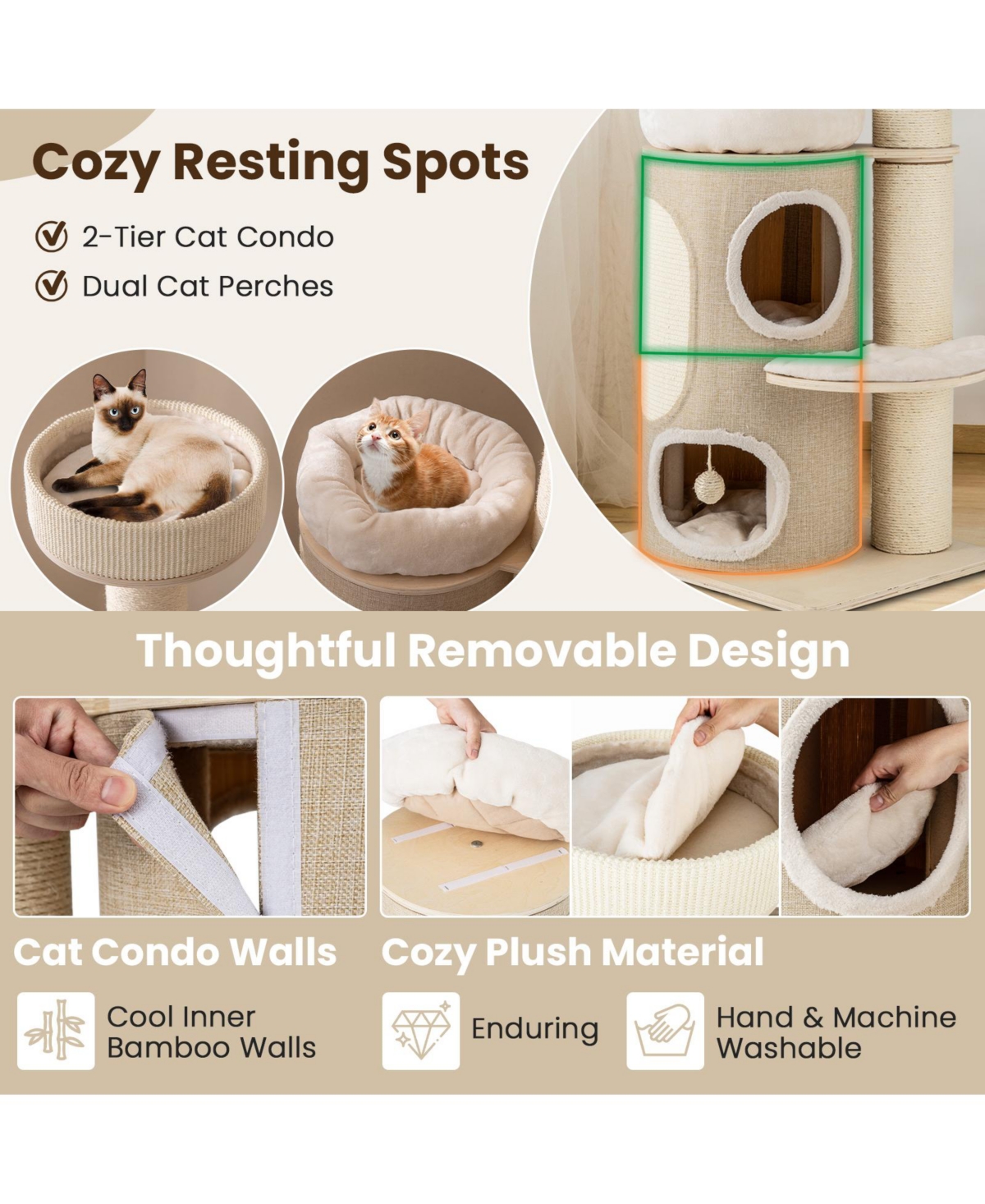 Slickblue 61 Inches Cat Tree for Indoor Cats with 2-stoery Condo and Top Perch- Natural