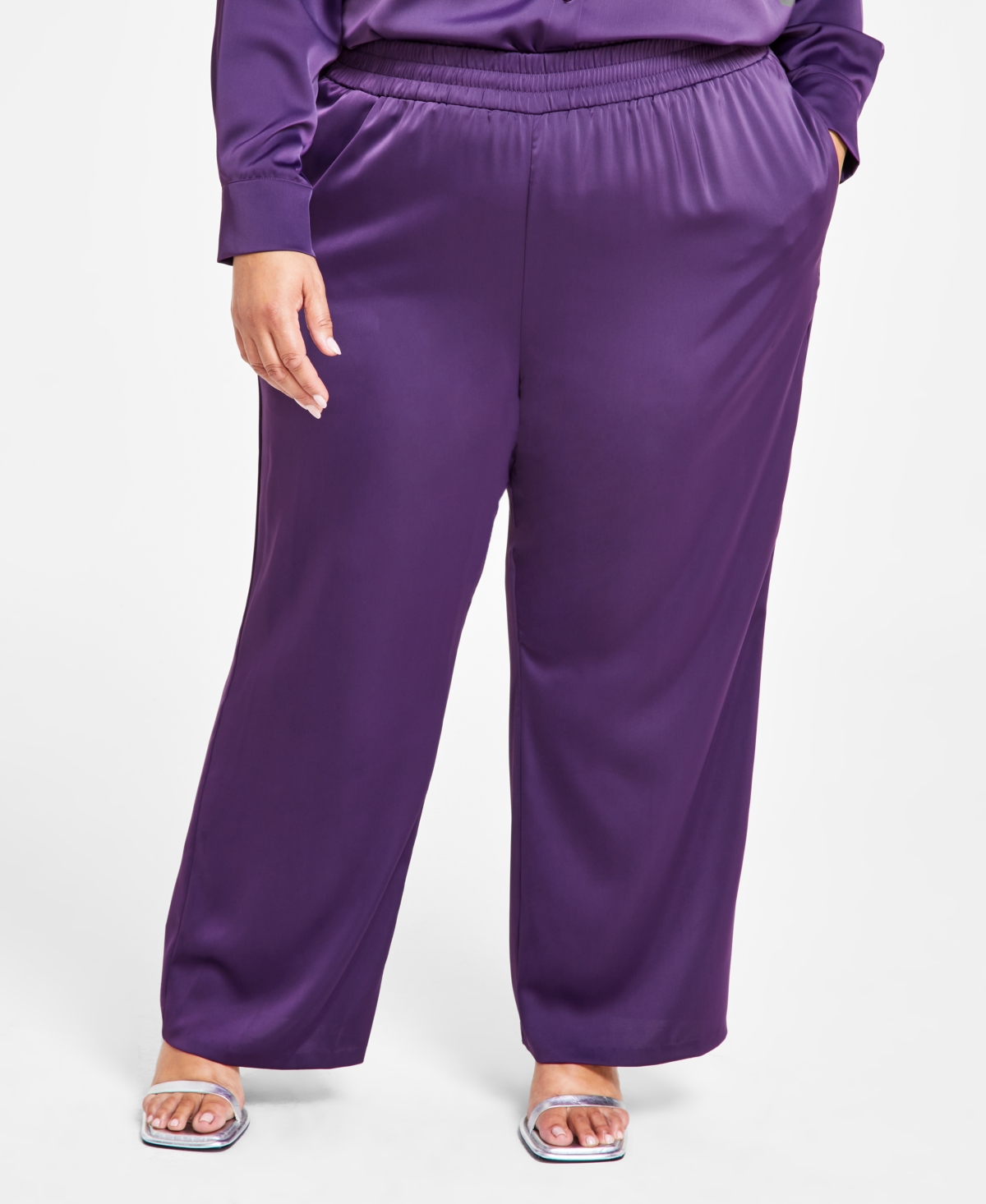 Nina Parker Trendy Plus Size Satin Wide-Leg Pants
