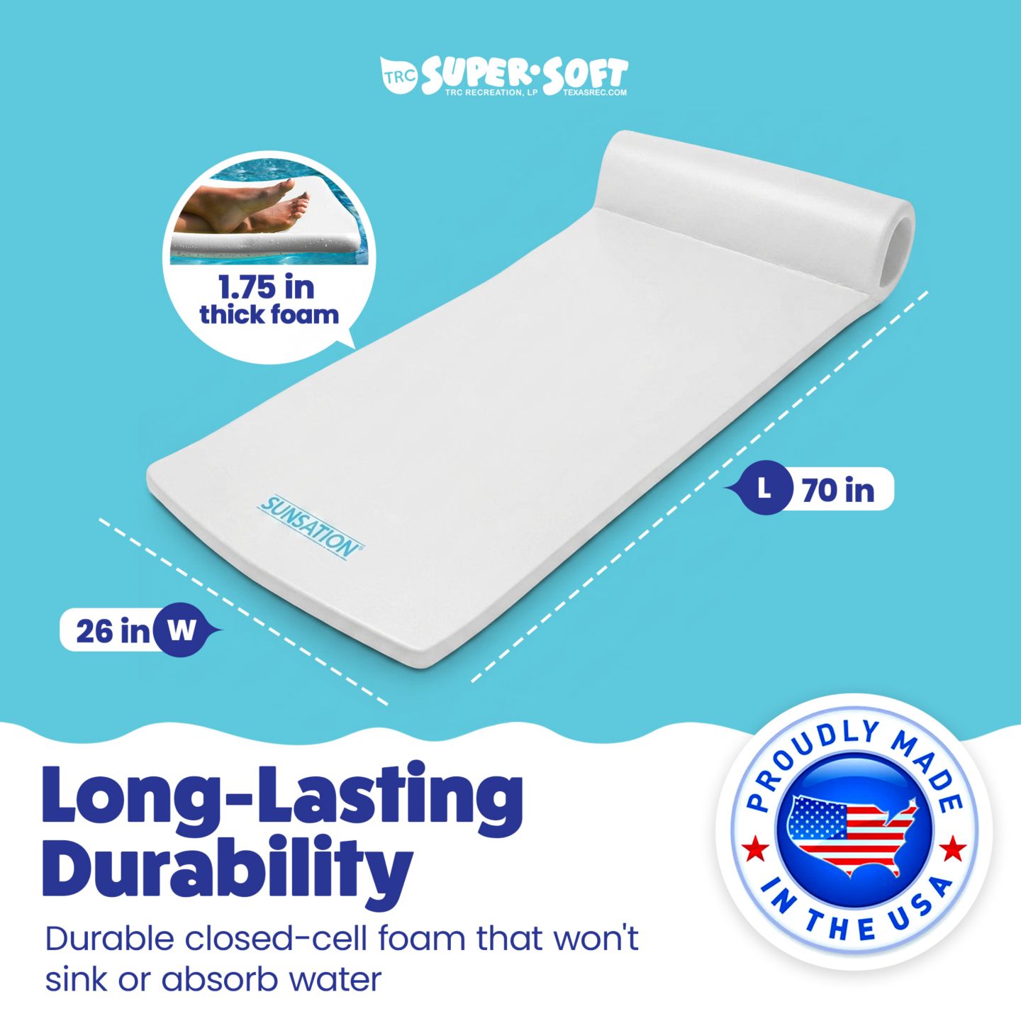 Детская игрушка TRC Recreation Sunsation 1.75" Thick Foam Lounger Swimming Pool Float, White — фото 10