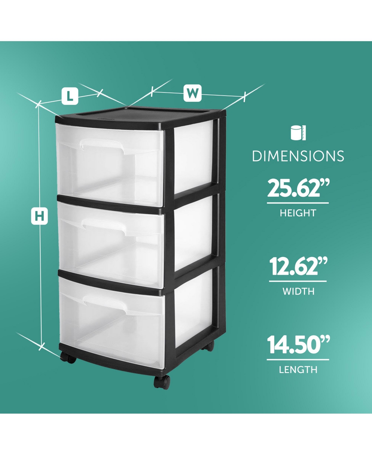 Sterilite 3-Drawer Plastic Rolling Storage Cart, Clear withFrame (2-Pack) - Black