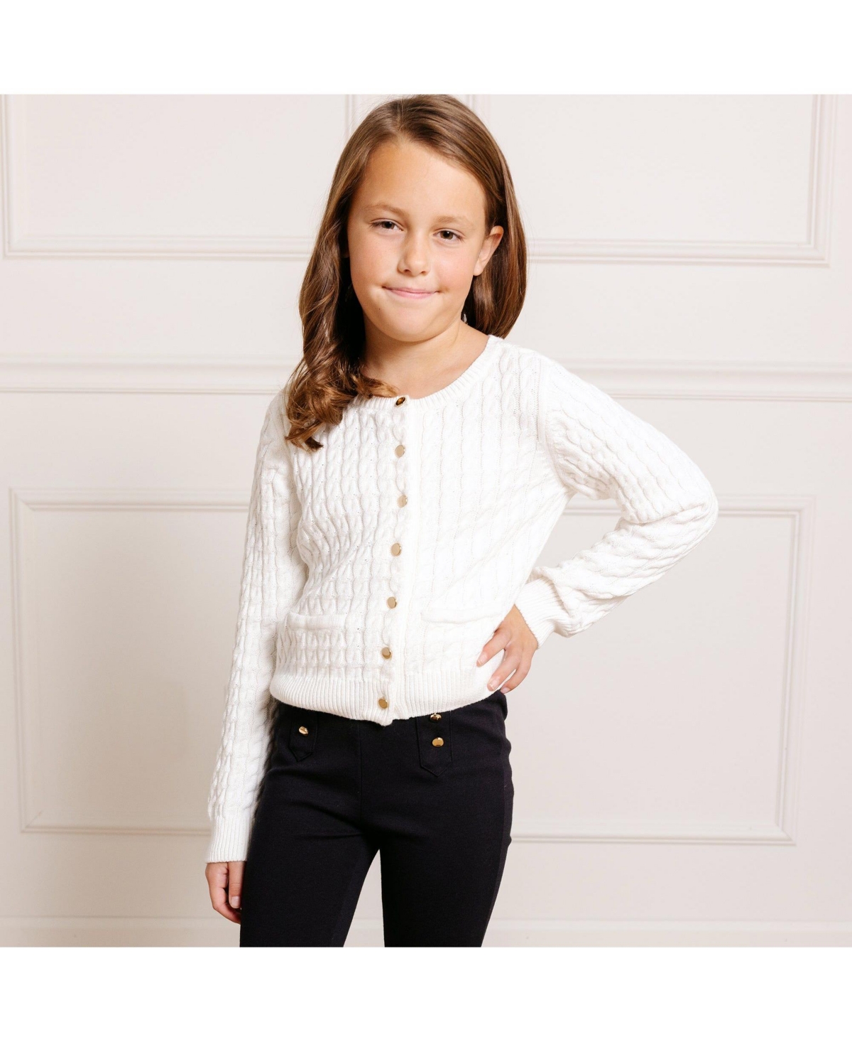 Hope & Henry Girls Long Sleeve Classic Cable Cardigan Sweater