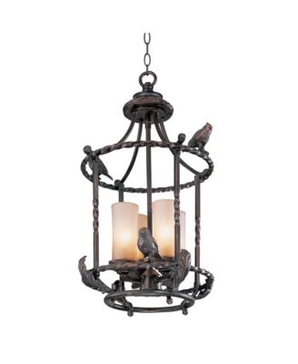 Song Birds 13.5" Bronze Pendant Chandelier, Rustic Cage Design with Scavo Glass, 4-Light Fixture for Dining Room, Kitchen & Foyer