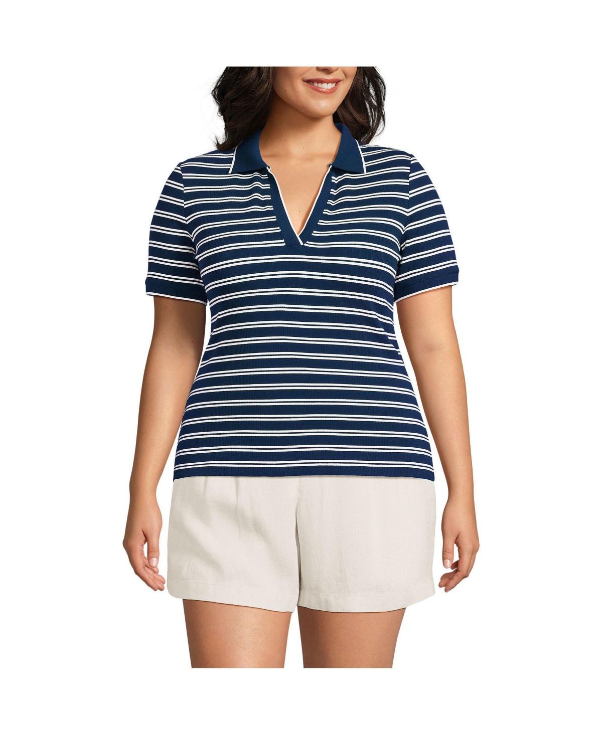 Plus Size Wide Rib Polo Shirt - Deep sea navy dual stripe