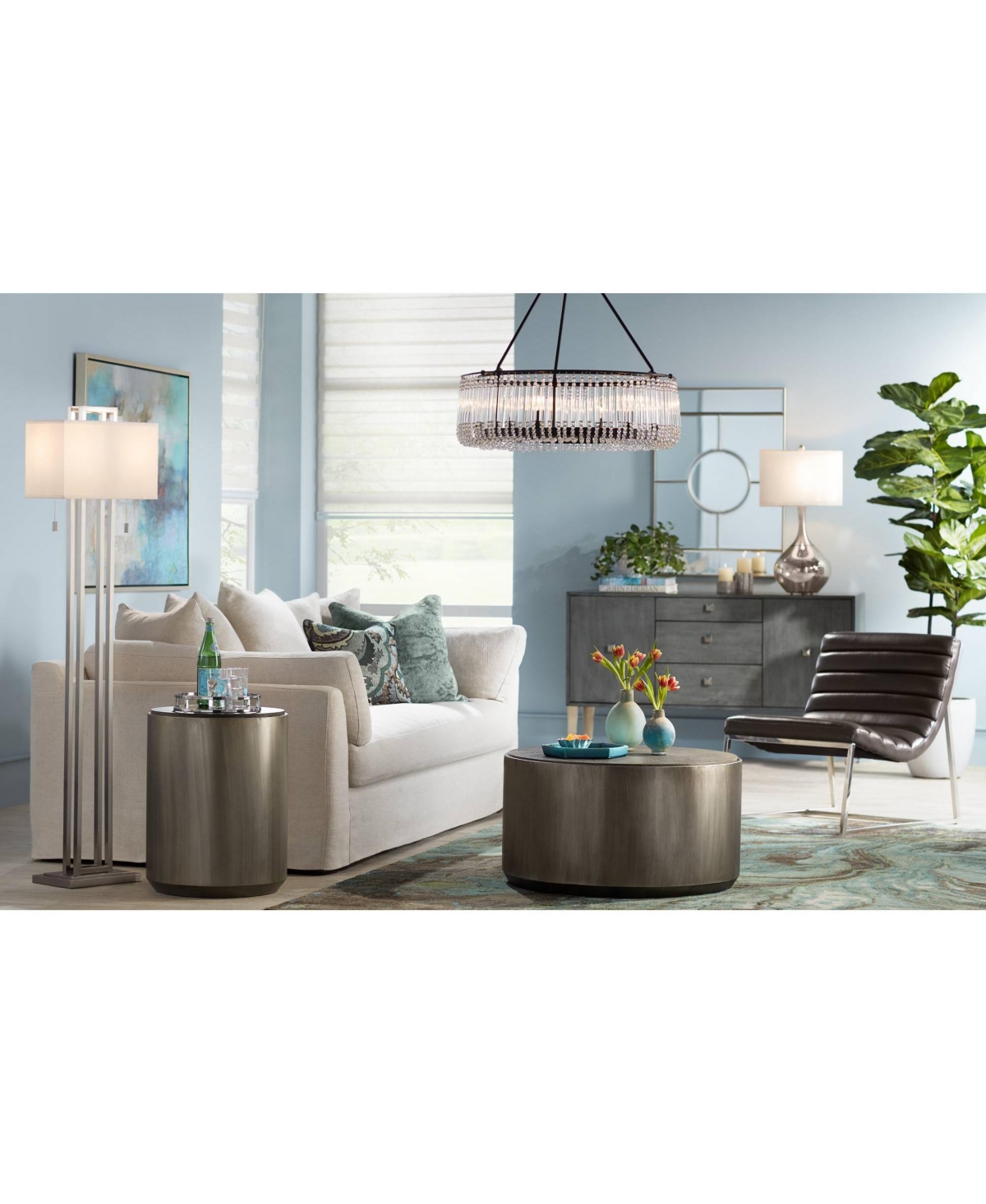 Possini Euro Design Modern Standing Floor Lamp Double Tier Tall Brushed NickelOpenwork Rectangular Off White Fabric Shade Decor for Living