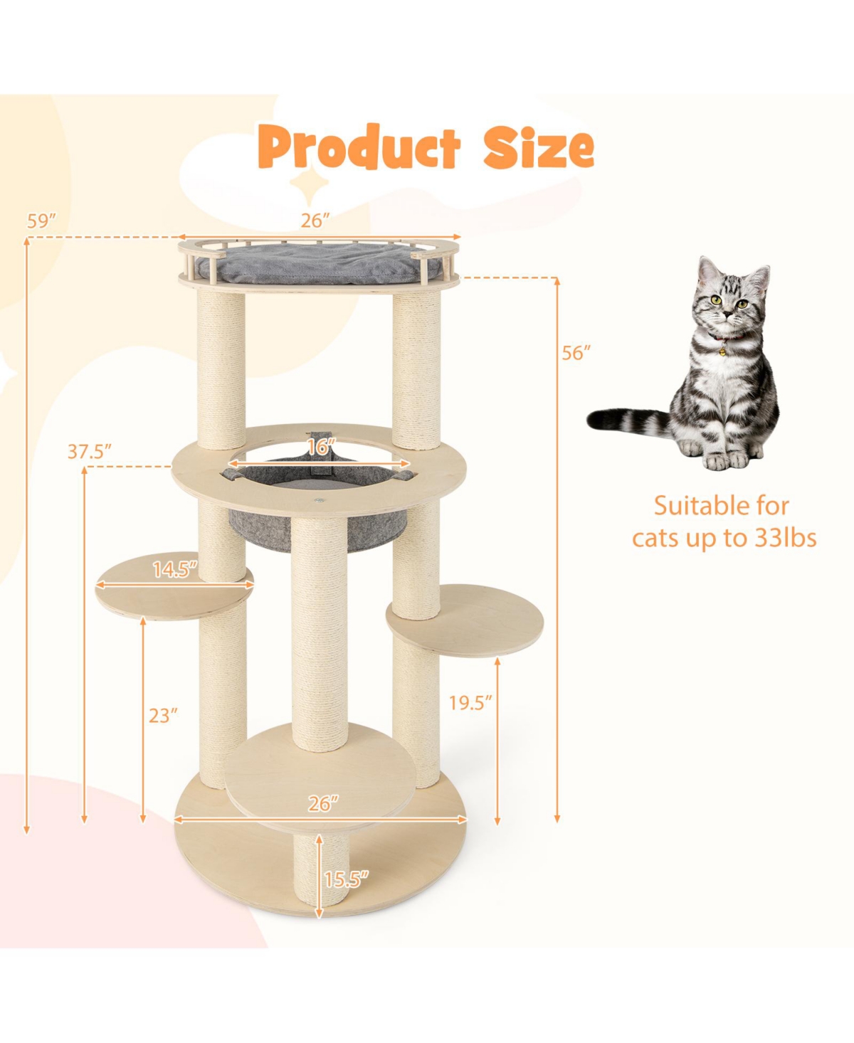 Slickblue 5-level Wooden Cat Tree with Padded Perch Non-woven Hammock-Grey - Natural and Grey