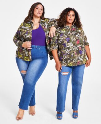 Nina Parker Trendy Plus Size Cotton Camouflage Affirmation Button-Front Jacket