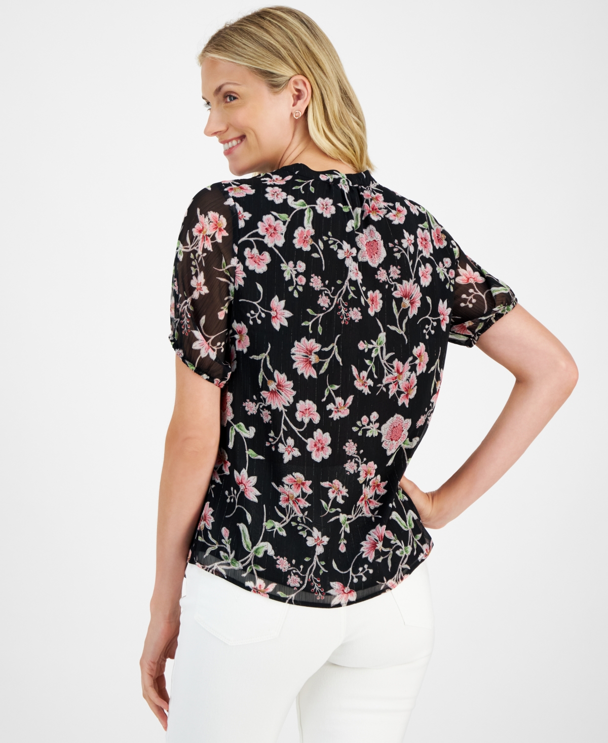 Nautica Jeans Women's Printed Ruffle-Trim Short-Sleeve Top