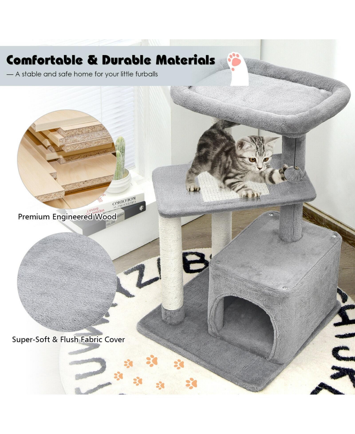 Slickblue Cat Tree with Perch and Hanging Ball for Indoor Activity Play