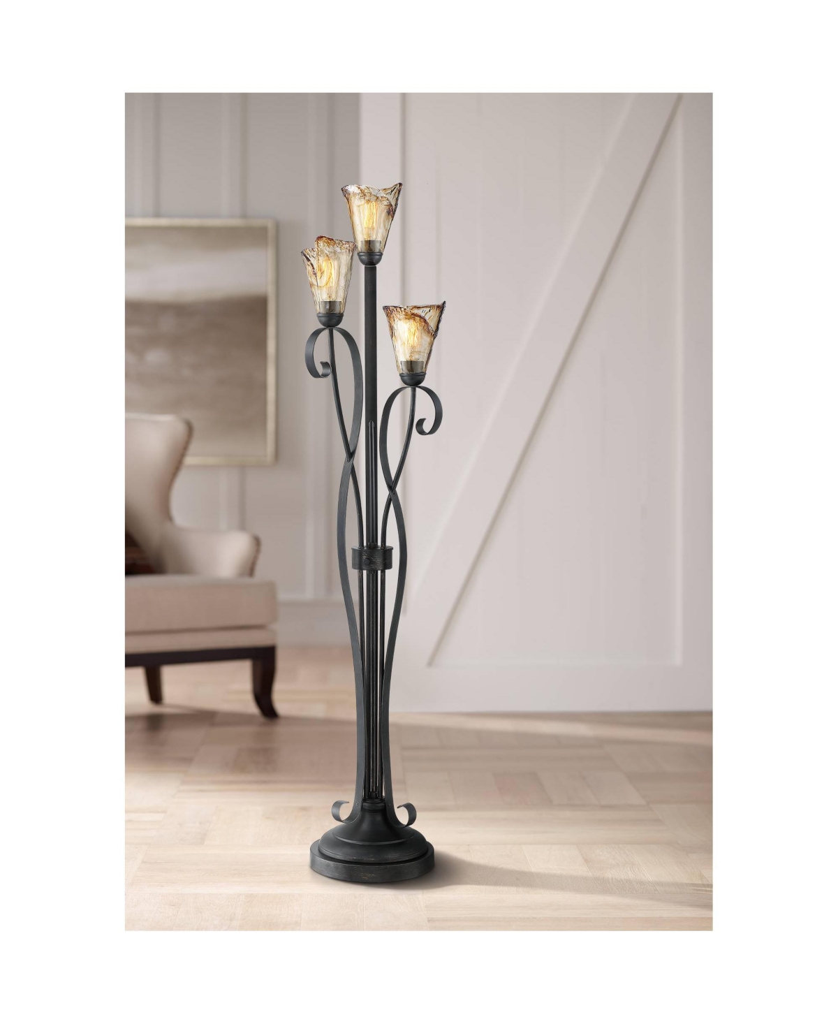 Franklin Iron Works Gardena Rustic Tree Floor Lamp 65 1/2" Tall Powder Coated Black 3 Light Wavy Amber Art Glass Shade for Living Room Reading Ho