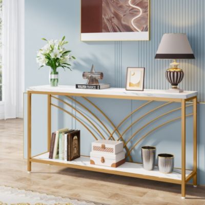 70.9 inch Extra Long Console Table, Faux Marble Entryway Table with 2 Tier Storage Shelf, Narrow Sofa Table Behind Couch, Modern Hallway Accent Table for Living Room