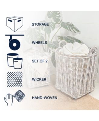 Arbour Rustic Hand-Woven Rattan Nesting Baskets with Wheels and Handles Set of 2