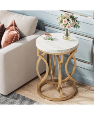 Round End Table, Multifunctional Accent Table Small Side Table for Living Room, Modern White Gold Nightstand with Faux Marble Tabletop, Bedside Table for Bedroom (1 PC)