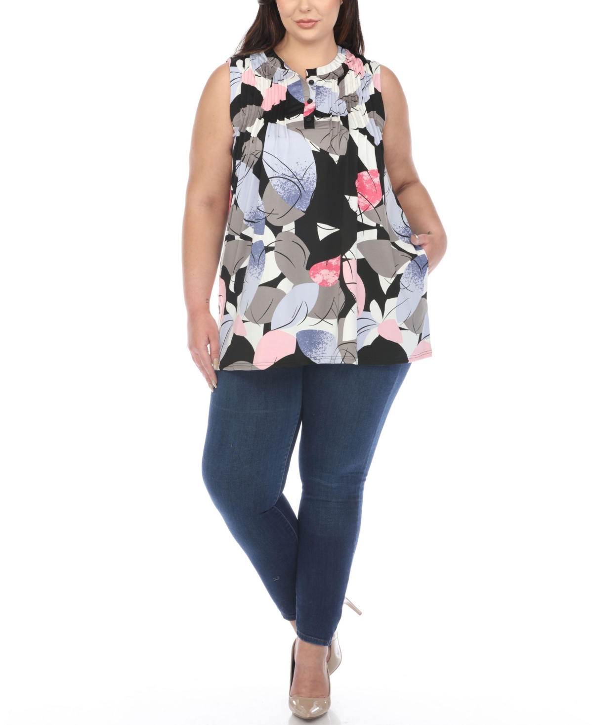 WHITE MARK PLUS SIZE PLEATED FRONT SLEEVELESS TUNIC TOP 