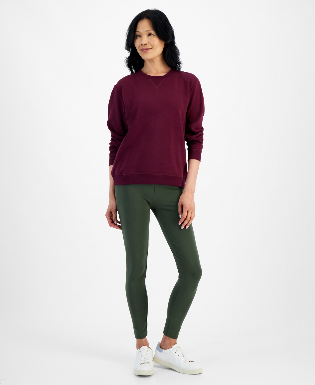 Style & Co Women's Long-sleeve Crewneck Sweatshirt, Created For Macy's In Midnight Olive