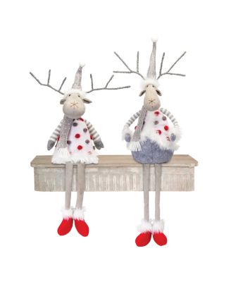 Plush Holiday Deer Shelf Sitter With Hat And Scarf Accent (Set of 2)