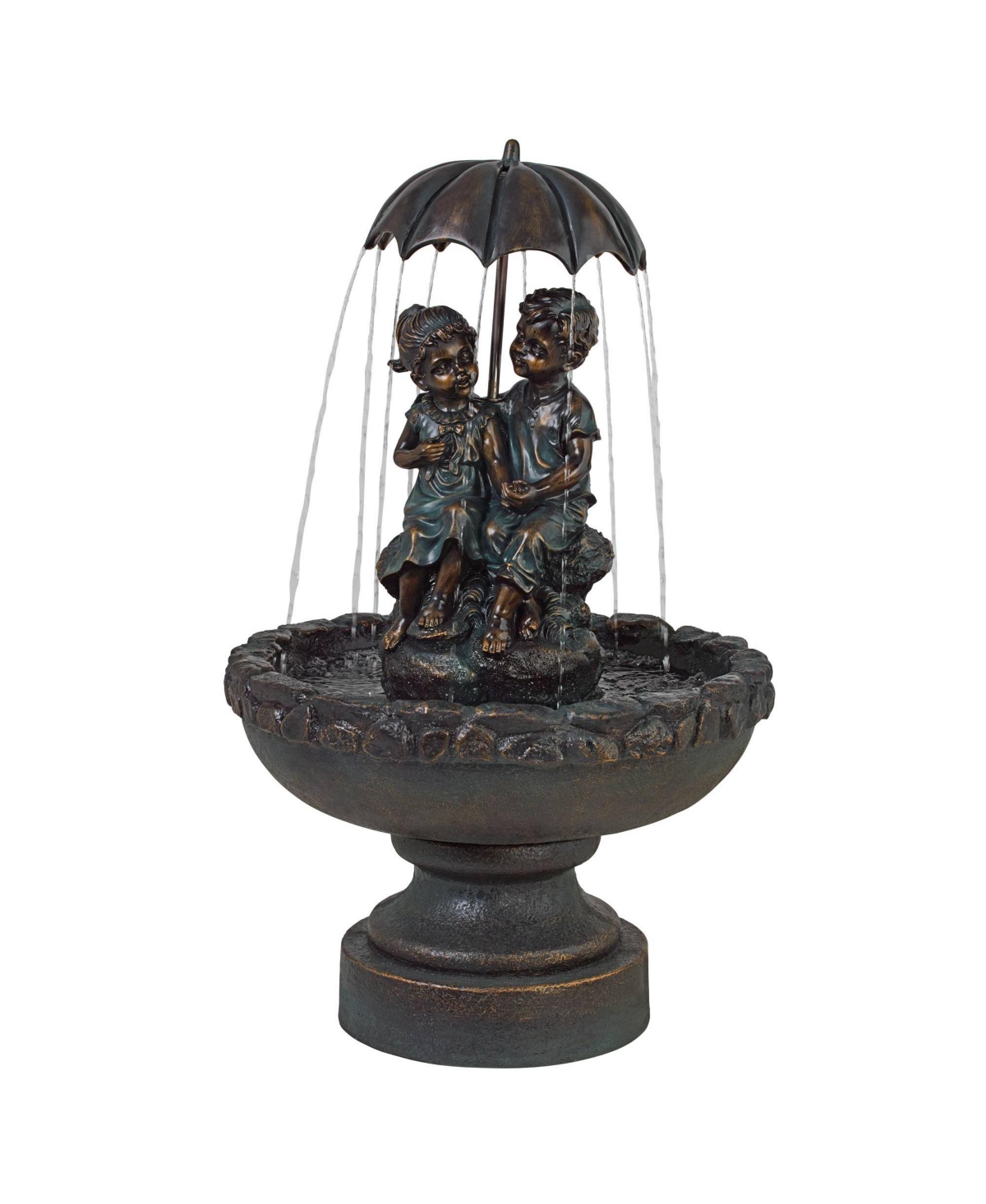 John Timberland Boy and Girl Under Umbrella Outdoor Floor Water Fountain High Copper Green Bronze Resin for Garden Patio Yard Deck Home Lawn Porch