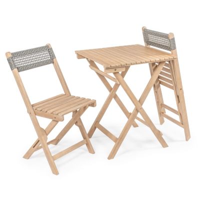 Sitges Modern Mid-Century 3-Piece Roped Acacia Wood Outdoor Folding Bistro Set, Gray/Light Teak