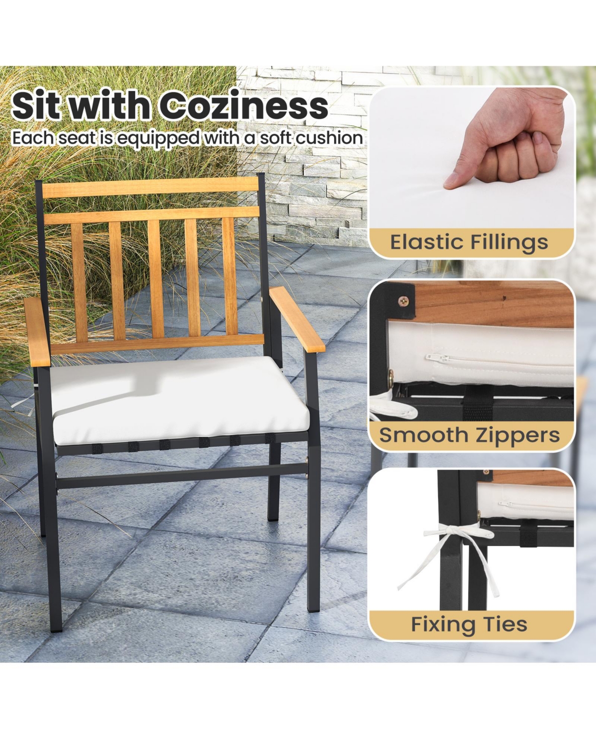 Slickblue 3 Pieces Outdoor Furniture Set Acacia Wood Patio Conversation Set with Cushions