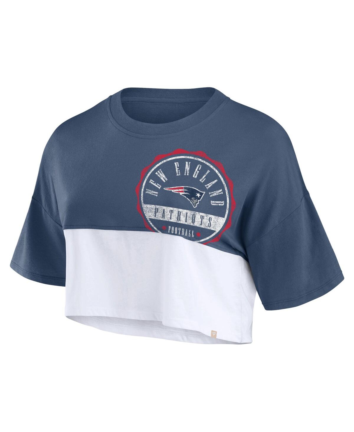 Fanatics Women's Navy/white New England Patriots Boxy Color Split Cropped T-shirt In Navy,white