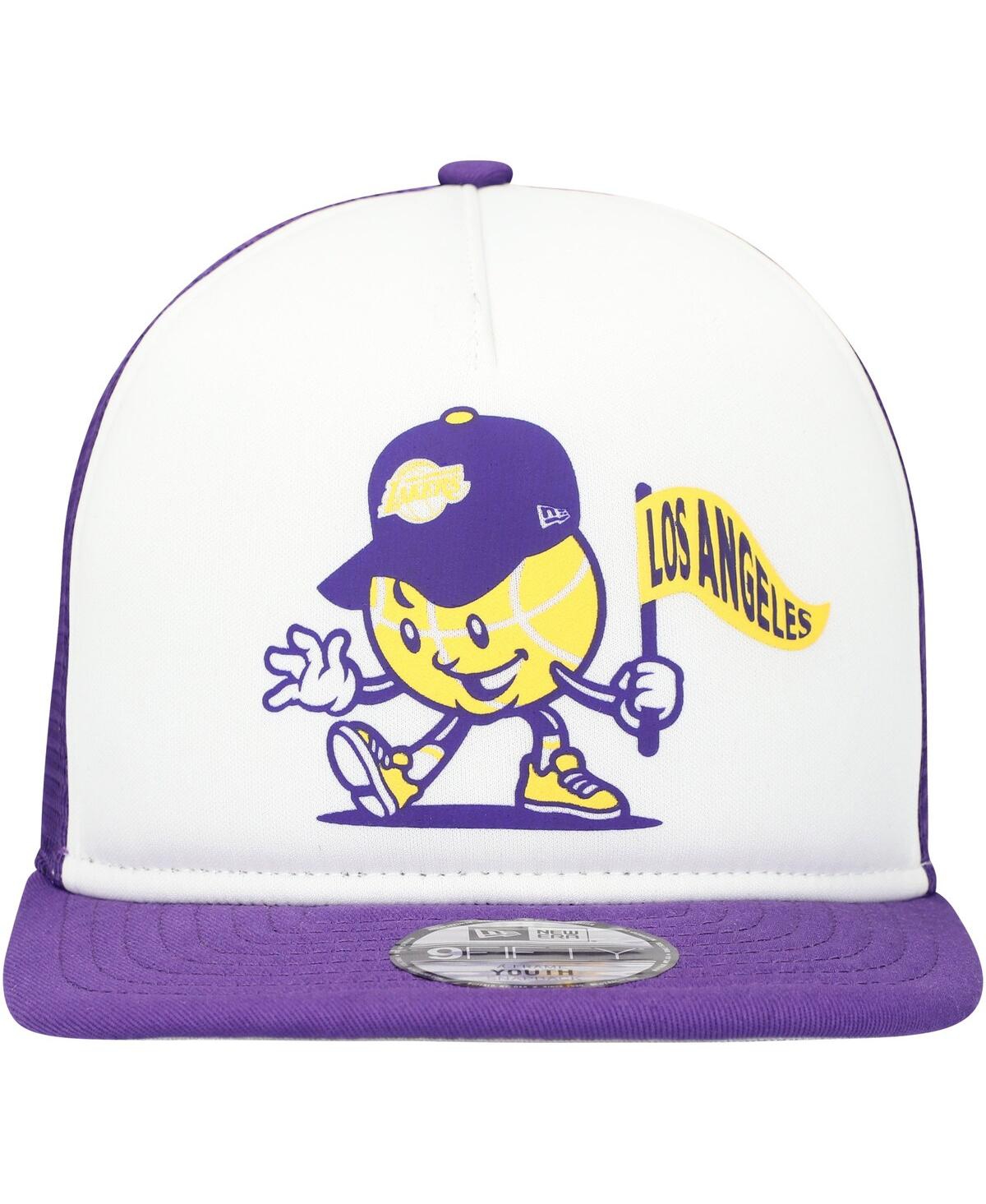 Shop New Era Big Boys And Girls White/purple Los Angeles Lakers Court Sport Mascot 9fifty Snapback Hat In White,purple