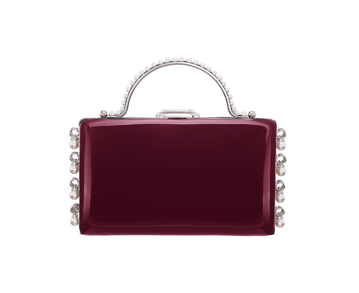 Imitation Pearl Dangle Patent Minaudiere Clutch - Bordeaux