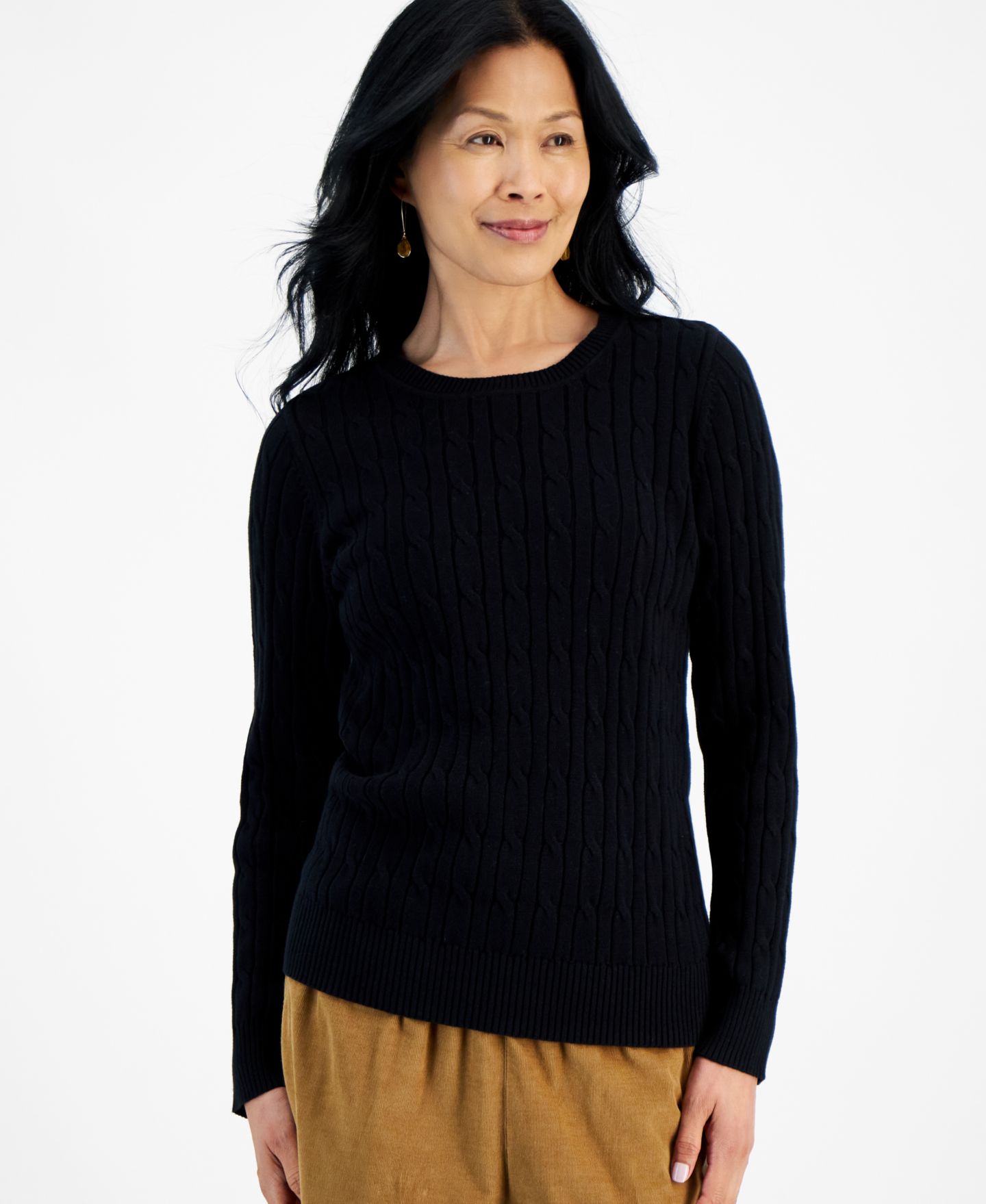 Женский свитер Style & Co Cotton Cable-Knit Crewneck, цвет: Глубокий чёрный — фото 1