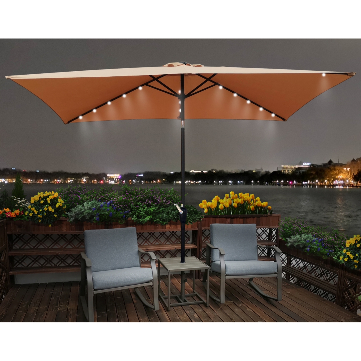 Streamdale Furniture 10 X 6.5FT Rectangular Patio Solar Led Lighted Outdoor Umbrellas With Crank And Push Button